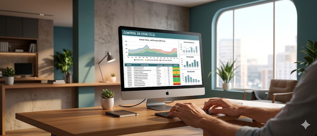 StockTalsoft 2026: oficina con el sistema de control de stock en pantalla, valorización en $ y US$ y precios automáticos por IA