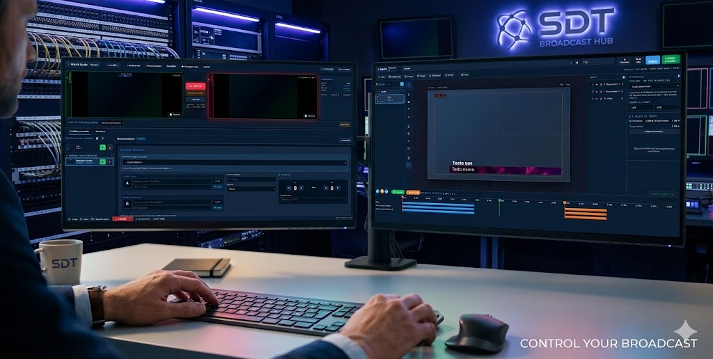 WebCG Studio: operador moderando y emitiendo un zócalo en vivo desde el navegador, en un ambiente de control de TV oscuro (designer + previsualización del aire)